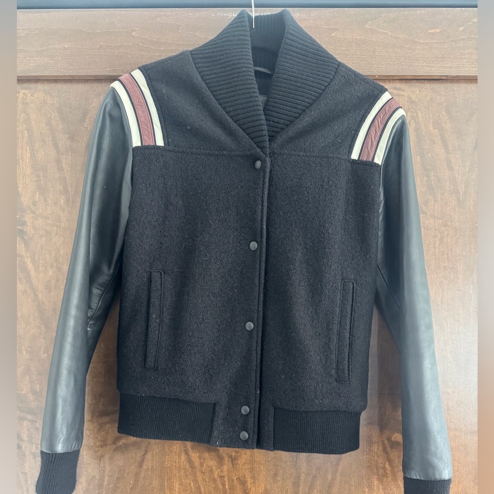AllSaints Bordin Striped Wool and Leather Letterman Style Jacket